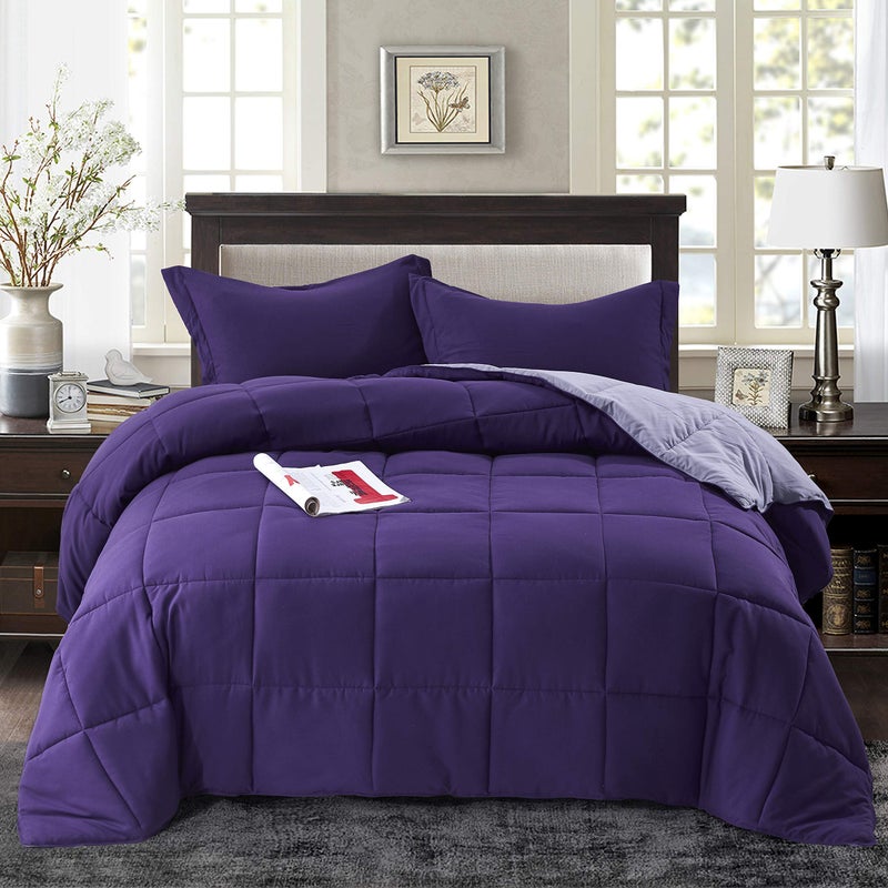 Hi -G HIG 3pc Down Alternative Comforter Set - All Season Reversible Comforter with Two Shams - Quilted Duvet Insert with Corner Tabs - Box Stitched - Super Soft, Fluffy (Full/Queen, Purple) - Image 1
